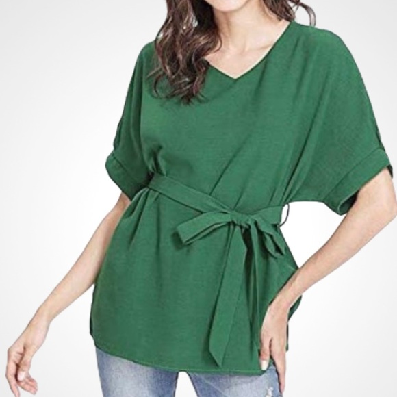 🌸New🌸 Kd.Beautiful Belted Linen Blouse XXL Green - Picture 1 of 4